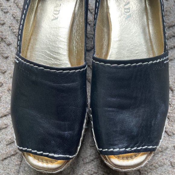 Prada Peep Toe Black Leather Espadrilles Size 8.5 /Euro Size 39 - Picture 6 of 11